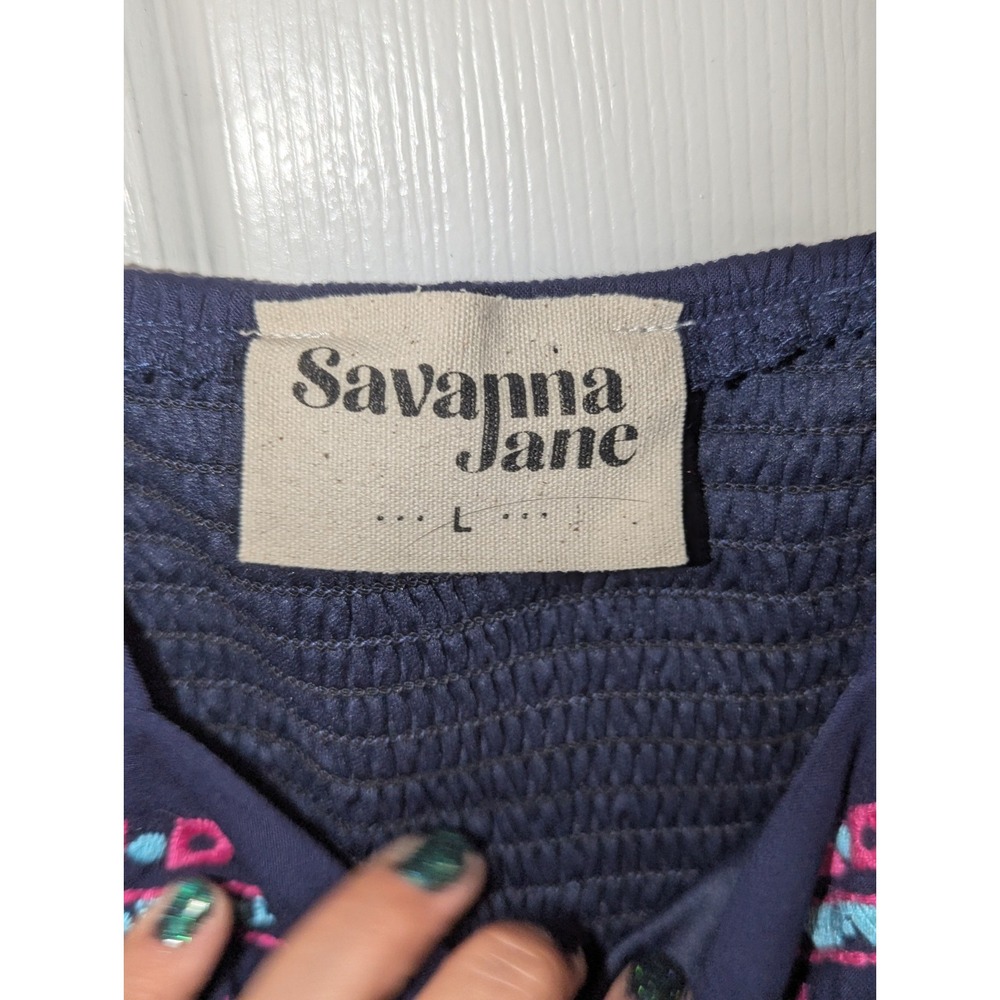 Boho Southwest Embroidered Maxi Dress Tie Strap Navy Savanna Jane L - Picture 7 of 9